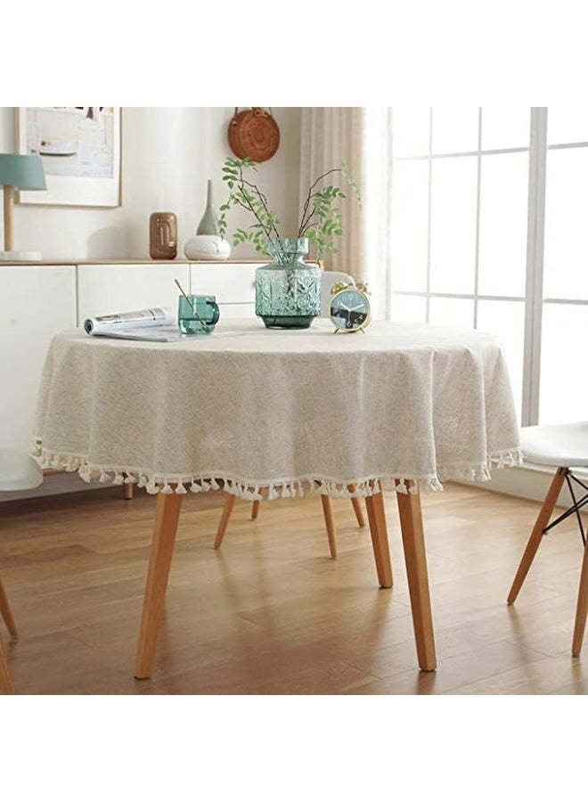 Cotton Linen TableCloth Solid Color Tassel Round Beige Tablecloth Dust-Proof Shrink-Proof Table Cover for Kitchen Dinning Tabletop Decoration (Beige, Round-120cm) - Image 2